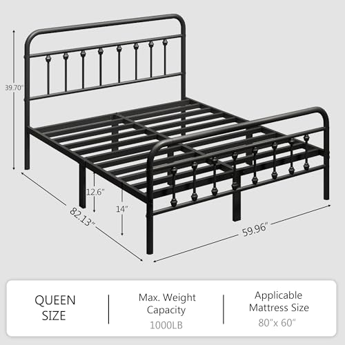 zunatu Queen Size Metal Bed Frame with Victorian Style Headboard and Footboard, Steel Slat Support Platform Bed, No Box Spring Needed, Under Bed Storage, Easy Assembly, Black