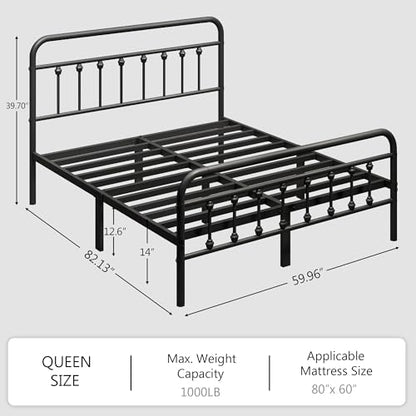 zunatu Queen Size Metal Bed Frame with Victorian Style Headboard and Footboard, Steel Slat Support Platform Bed, No Box Spring Needed, Under Bed Storage, Easy Assembly, Black