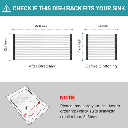 Extra Large Expandable Roll Up Dish Drying Rack,Over The Sink Drying Rack Sink Cover Kitchen Sink Accessories Kitchen Rolling up Stainless Steel Drainer, Foldable,Rollable（Black，22.8''-12.4''）