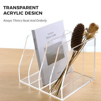 Acrylic Magazine File Holder, 4 Vertical Compartments Desk Document Sorter Organizer, Clear Folder Rack Binder for Office/Home/Classroom, for Documents, Tablet, Magazines, Books & Accessories