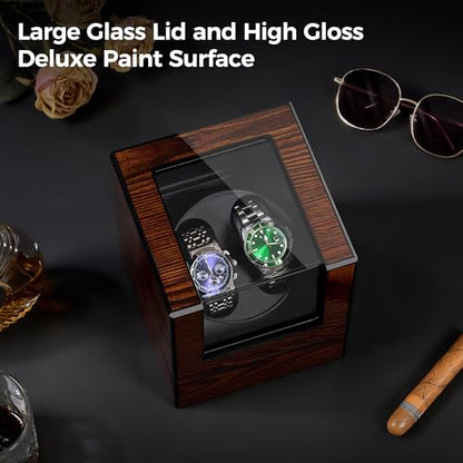 BEWISHOME Watch Winder for Automatic Watches, Automatic Watch Winder Box | Watch Spinner with LED Light, Double Watch Winder with Quiet Motor Wooden 4 Modes Battery or Type-C Adapter, Brown SYQ02Y