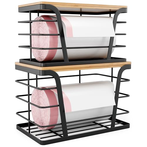 2 Pack Stackable Storage Laundry Kitchen Organizers, Wall Mount Trash Bag Holder with Bamboo Top and Garbage Bag Dispenser No Drill