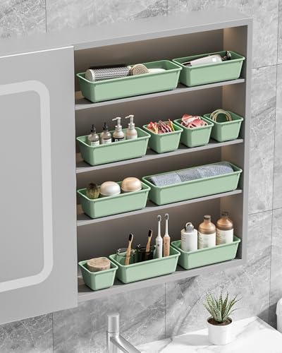 Canfanni 13 Pack Plastic Drawer Organizers Set, 3 Sizes Desk Drawer Organizer Trays for Vanity and Makeup Organizer, Organization and Storage for Makeup, Kitchen Utensils, Bathroom and Office(Green)