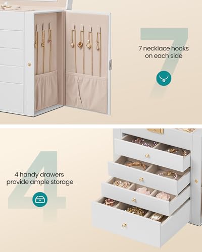 SONGMICS Jewelry Box Organizer, 5-Layer with 4 Drawers, Cream White | Jewelry Storage Case with Lock and Mirror, Large Storage Capacity, for Necklaces, Watches, Gift for Loved Ones UJBC153WD01S