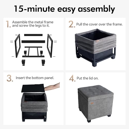 Chenille Cover Steel Frame Ottoman with 48L Storage,17.7" x 17.7" x 17.7" Square Linen Storage Ottoman Stool Cube with Legs,for Dorm Livingroom Gray UASND641G