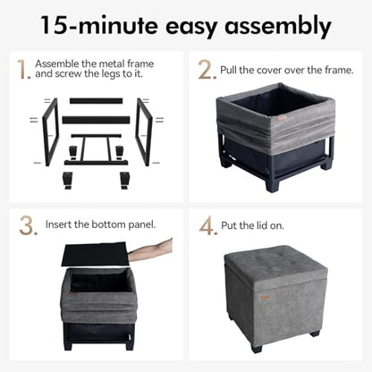 Chenille Cover Steel Frame Ottoman with 48L Storage,17.7" x 17.7" x 17.7" Square Linen Storage Ottoman Stool Cube with Legs,for Dorm Livingroom Gray UASND641G