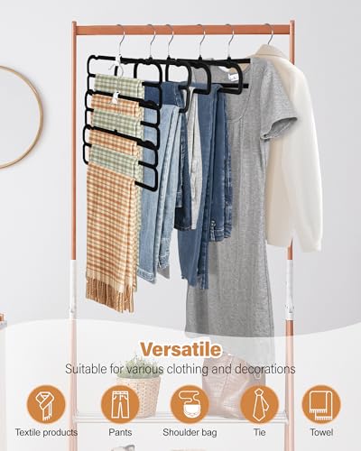 10 Pack Velvet Pants Hangers Space Saving, Non Slip 2-Layer Hanger (Black) | Heavy Duty Flocked Trouser Hangers,pants organizer for closet with Swivel Hook, Felt Jean Hangers for Women and Men