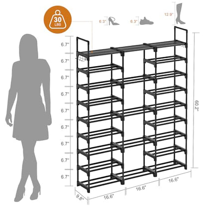 WOWLIVE 9 Tier 3-Column Shoe Rack, 50-55 Pairs Stackable Black | 50in Long for Larger Entryways, Removable Shelves Fit Tall Boots, Split into Multiple Units for Garage Closet
