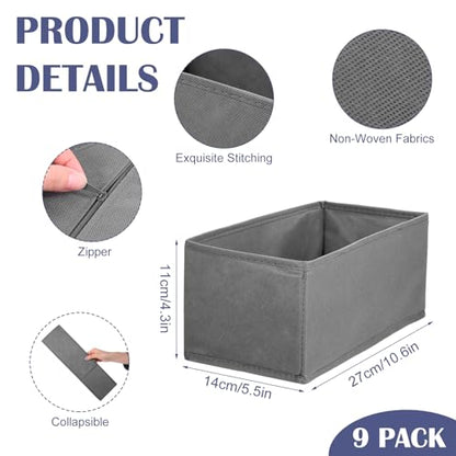 9-Pack Foldable Drawer Organizers Foldable Storage Bins – Clothing Drawer Organizer for Clothes, Dark Grey (10.6"x5.5"x4.3", Non-Woven Fabric)