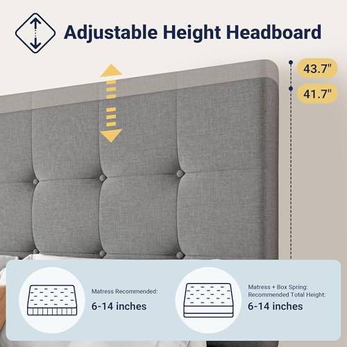 Allewie Upholstered Queen Size Platform Bed Frame with 4 Storage Drawers and Headboard, Square Stitched Button Tufted, Mattress Foundation with Wooden Slats Support, No Box Spring Needed, Light Grey