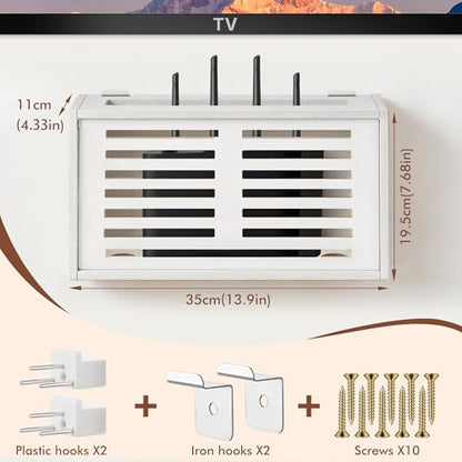Router Shelf Wall Mount, WiFi Router Box Hider & Modem Storage Box with Cable Holes | Cable Management Organizer for Router, Modem, Power Strip | White, 13.9"x4.33"x7.68"