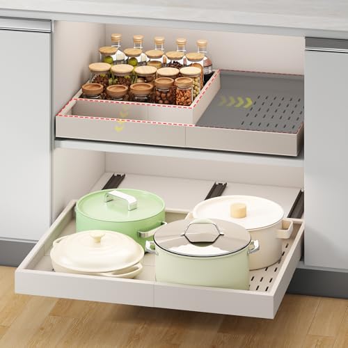 Pull out Cabinet Organizer,14"-21"W, 17"-24"D,Expandable,Adhesive | No Drill,3 Rails,Adjustable Slide out Drawers for Kitchen,Pantry,Roll out Shelves,for Cabinets Without Lip,Bathroom,White,1PC