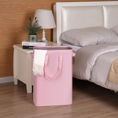 efluky Slim Laundry Basket, Narrow Laundry Hamper with Handles, Collapsible Dirty Clothes Hamper, Tall Laundry Bin for Laundry Room, Dorm and Bedroom, 12.7 Gallons(48L) Pink