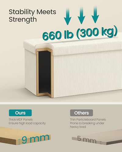 SONGMICS Mazie Collection - Storage Ottoman Bench, Foldable Foot Rest, 15 x 30 x 15 Inches, End of Bed Bench, Storage Chest, Load 660 lb, Living Room, Bedroom, Entryway, Cream White ULSF603W01