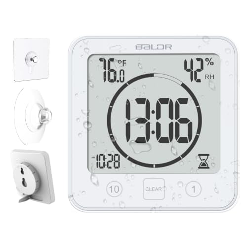 Baldr Waterproof Bathroom Shower Clock with Timer, Temperature and Humidity | Digital Timers for Kids and Adults, Bath Kitchen Study, White