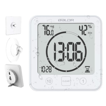 Baldr Waterproof Bathroom Shower Clock with Timer, Temperature and Humidity | Digital Timers for Kids and Adults, Bath Kitchen Study, White