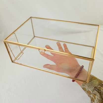 Vintage Glass Box with Lid - Clear Jewelry Glass Display Box Keepsake Box - Home Decor Decorative Box for Trinket Rings Bracelet (Gold, Large)