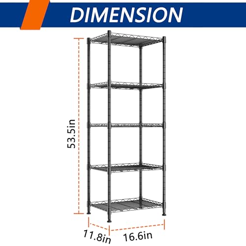 5-Wire Shelving Metal Storage Rack Adjustable Shelves,Standing Storage Shelf Units for Laundry Bathroom Kitchen Pantry Closet(Black,11.8" D x 16.6" W x 53.5" H)