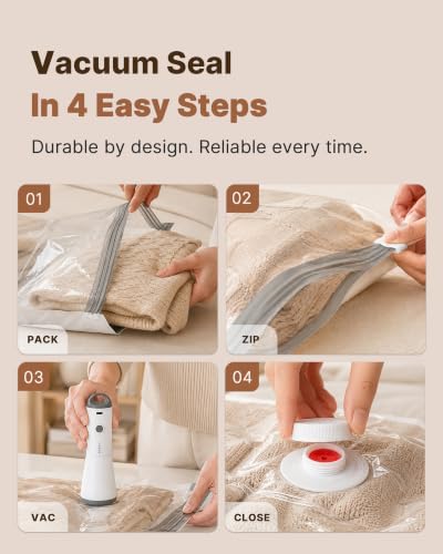 Vacbird Travel Vacuum Storage Bags with Rechargeable Cordless Pump, 12 Pack Vacuum Seal Bags for Clothing(4 Large+4 Medium+4 Small), Compression Packing for Clothes Suitcase Luggage Blanket Pillows