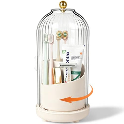 Toothbrush Holders with Cover Toothpaste Organizer for Bathroom, Beige | 360° Rotating, Dustproof Sliding Lid, Drainage Holes, Waterproof, for Kids Electric Toothbrush Makeup Brush Storage