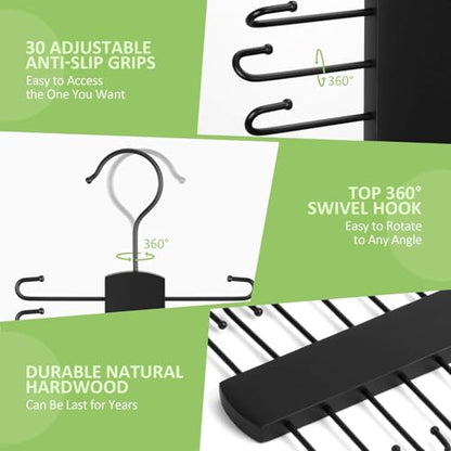 2 Pack Tie Rack, Wooden Tie Hanger for Men Closet, 60 Storage Capacity, Non-Slip Rotatable Tie Organizer, Closet Organizers and Storage, Black