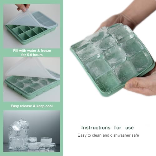 Ice Cube Trays Set of 3, Easy Release 15 Flexible Silicone Ice Cube Molds with Removable Lid Reusable Freezer Ice Trays Stackable for Whiskey, Baby Food, Green