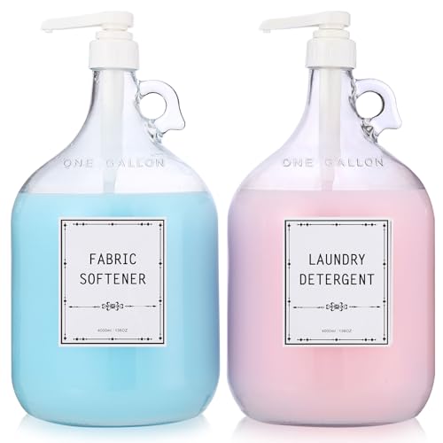 2pcs Glass Liquid Laundry Detergent Dispenser-1 Gallon Glass Pump Bottle Dispensers-Laundry Detergent Dispenser for Fabric Softener, Bleach, Shampoo, Body Wash- Laundry Soap Dispenser
