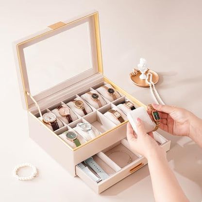 ProCase Watch Case for Women, Valentine Gifts, 10 Slot Watch Display Case with Drawer, 2-Layer Womens Watch Box, 10 Watch Box Organizer, Jewelry and Watch Holder Storage Case with Glass Lid -Beige