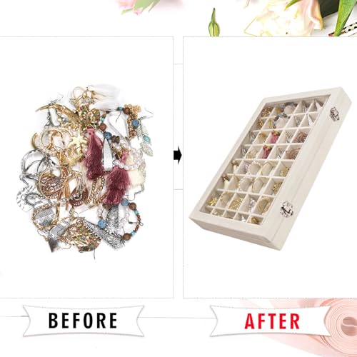 Siveit Velvet Jewelry Tray 48 Grid Jewelry Display Tray Organizer Box with Transparent Lid Rings Earrings Necklaces Pendants Display Box Suitable for Women and Girls (Beige)