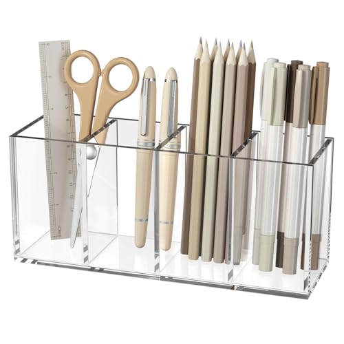 NIUBEE Acrylic Pen Holder 4 Compartments, Clear Desk Pencil Organizer Cup | Scratch-resistant thick acrylic with 4 slots for pens, pencils, makeup brushes, office, vanity and school use