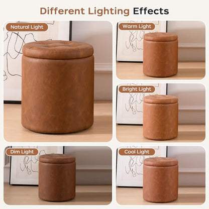 Leather Storage Ottoman Round, Foot Stool with Storage for Living Room