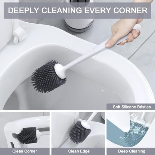 2 Pack Silicone Toilet Bowl Brush and Holder Set with Ventilated Holder, Floor Standing & Wall Mounted Toilet Scrubber