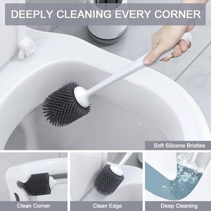 2 Pack Silicone Toilet Bowl Brush and Holder Set with Ventilated Holder, Floor Standing & Wall Mounted Toilet Scrubber