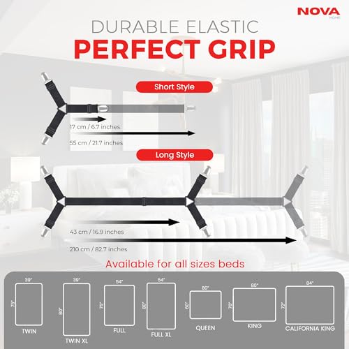 Bed Sheet Holder Straps, Adjustable Elastic, 2pcs Set, Black | Nickel Clamps, Fabric Protectors, Crisscross Design Keeps Sheets Tight, Fits All Mattress Sizes