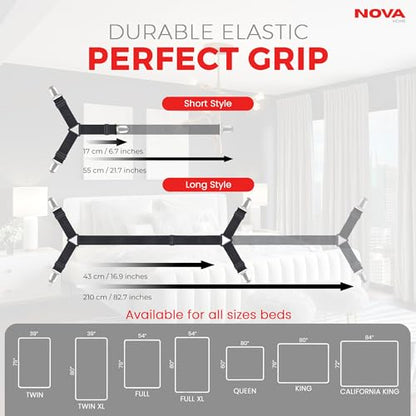 Bed Sheet Holder Straps, Adjustable Elastic, 2pcs Set, Black | Nickel Clamps, Fabric Protectors, Crisscross Design Keeps Sheets Tight, Fits All Mattress Sizes