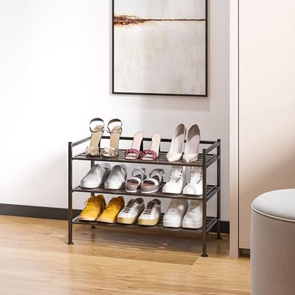 3-Tier Stackable 1" Slat Steel Frame Shoe Rack, 27.25"W x 12.75"D, Espresso | Interlocking modular design maximizes storage while the sturdy steel frame holds up to 12 pairs of shoes (Patented Design)