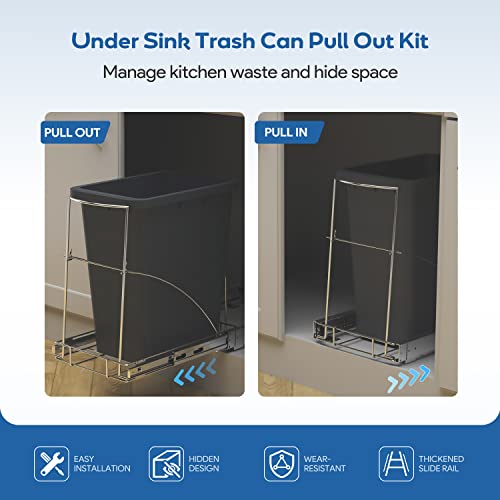 Pull Out Trash Can Under Cabinet & Under Sink, Heavy Duty Slider Organizer | Adjustable Cabinet Garbage Can Rack, Fits 30-40Qt Bins, Requires 13"W x 18"D Cabinet Opening, Chrome Finish, Can Not Included