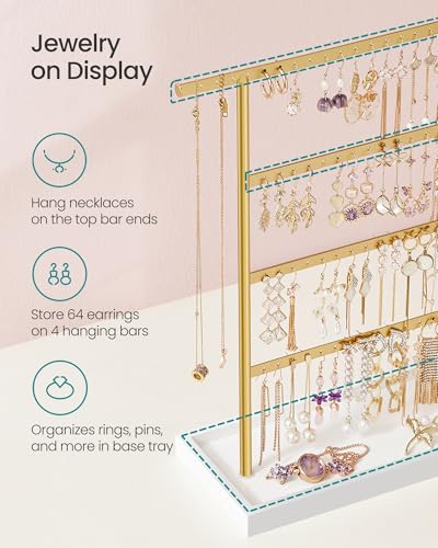 SONGMICS Jewelry Organizer, 4-Tier Earring Holder Organizer Stand with Base Tray, for Studs and Necklaces, Vintage, White and Gold Color UJJS019A01 | For Studs and Necklaces, Vintage, White and Gold Color, CAELEY Collection UJJS019A01