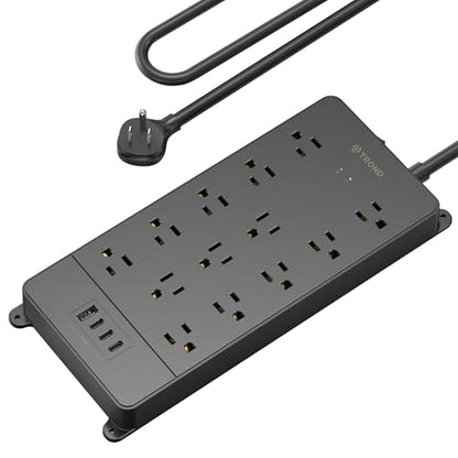 TROND Surge Protector Power Strip 5ft Cord, 4000J, 4 USB, ETL Listed, Black | 13 Widely-Spaced Outlets Expansion with USB C Ports, Low-Profile Flat Plug, Wall Mount, Extension Cord, 14AWG Heavy Duty