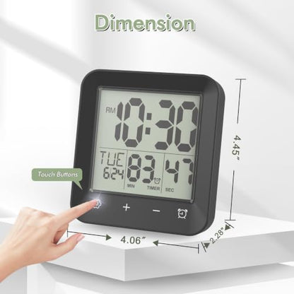 Waterproof Shower Clock, Digital Bathroom Kitchen Wall Clock Timer w/Temp. | w/Calendar, Touch Screen, Suction Cup, Hanging Hole, Battery Operated,Black