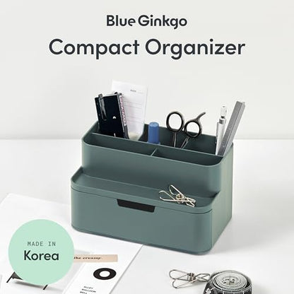 BLUE GINKGO Compact Desk Organizer, Green, Made in Korea | 5 Compartments. Half Drawer. Space-Saving.