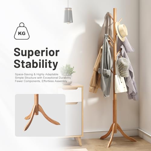 kiplant Coat Rack Freestanding, Bamboo Wood Coat Stand with 8 Hooks,3 Adjustable Size,Easy Assembly NO Tools Required, Coat Tree Hanger Stand for CoatsScarves in Hallway