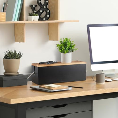 Large Cable Management Box, Wooden Cord Organizer Box for Desk, Floor, Office to Hide Extension Cords Power Stripes Surge Protectors Chargers Wires, Black