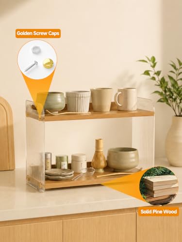 2 Tier Coffee Station Organizer - Acrylic & Pine Wood -15.75" x6.18" x9.37" | Easy-to-Clean coffee bar shelf, Matcha Station for Kitchen Countertops, for Placing Mugs, Coffee Beans, Syrup, Cups etc.