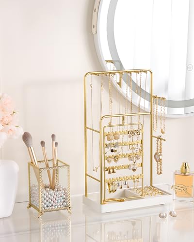 ProCase Jewelry Stand Holder Organizer and Storage, Gold (No-Assembly) | Rotating Earring Bracelet Holder Storage, Hanging Jewelry Display Velvet Ring Tray, Teen Girls Birthday Gifts Room Dorm Decor