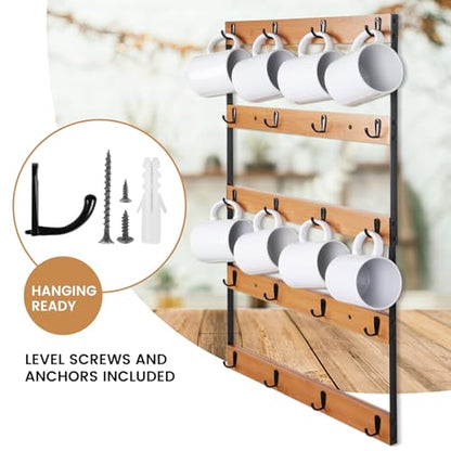 Wall Mounted Coffee Mug Holder, Large 5 Tier Shelf with 20 Hooks for Cups, Rustic Wooden Display Rack for Kitchens, Homes and Bars (Bamboo)