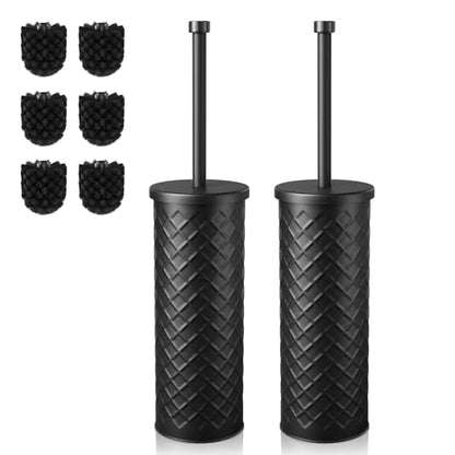 Toilet Bowl Brush and Holder Set 2 Pack with 4 Extra Brush Heads (Black) | Extra Long Handle with Splash Guard Cover, Tool-Free Installation, Bathroom Space-Saving, Cleaner Sets for Apartments, RV