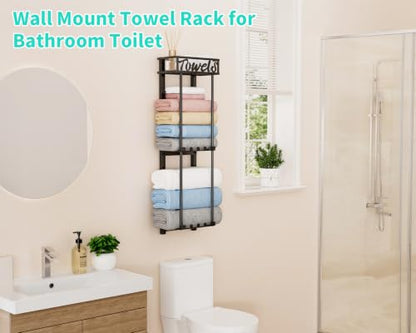 HapiRm Towel Rack Bathroom Storage - 3 Tier Over The Door & Wall Mounted Rolled Towel Racks Holder Organizer with Metal Shelf and 6 Hooks for Small Bathroom, Camper, Rv - Black (for 1.77 in Doors)