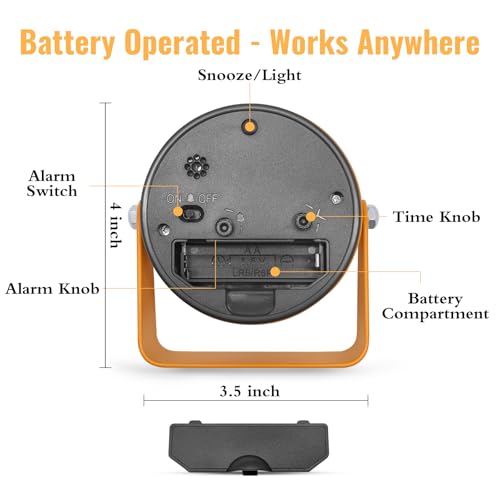 Lamisola 3.5 Inch Bathroom Clock, Small Alarm Clock for Bedroom, Orange | Battery Travel Desk Table Analog Clock for Kids Seniors Teens, Retro Cute Metal Home Decor Shelf Clock, Night Light Snooze