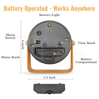 Lamisola 3.5 Inch Bathroom Clock, Small Alarm Clock for Bedroom, Orange | Battery Travel Desk Table Analog Clock for Kids Seniors Teens, Retro Cute Metal Home Decor Shelf Clock, Night Light Snooze
